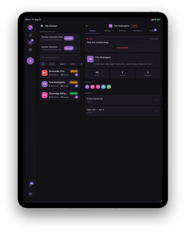 Chord Collect auf dem iPad, leitet eine Live-Session für die Gruppe